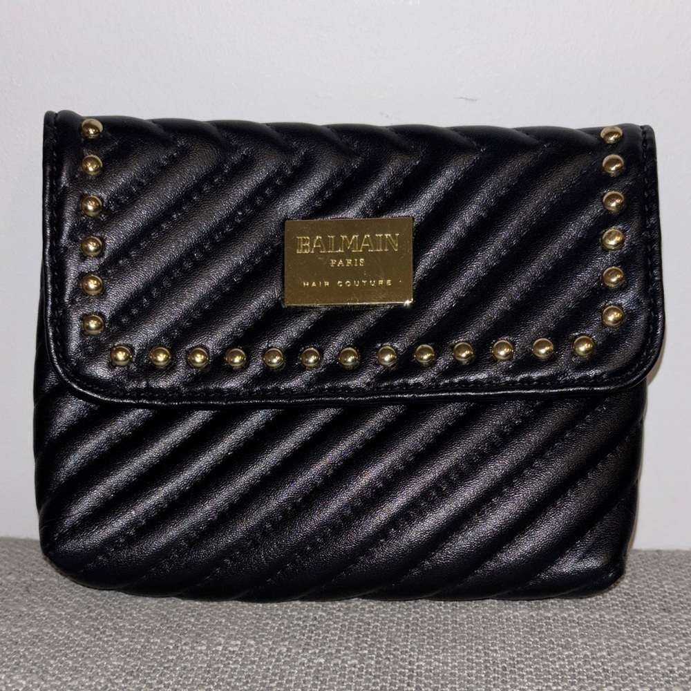 Balmain Black Quilted Clutch with Gold Studs